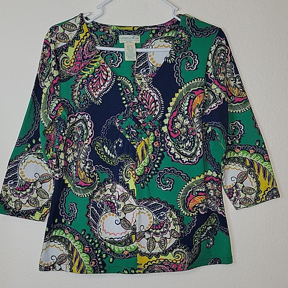 Caribbean Joe V-Neck 3/4 Sleeve Top, Paisley, Vibrant Colors, L Petite, EUC